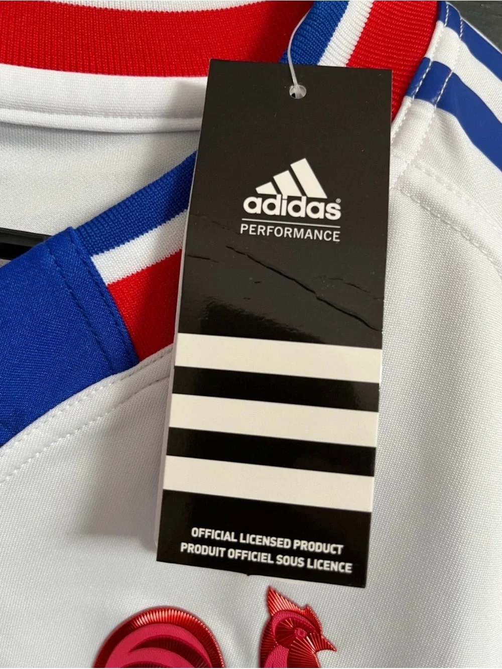 Adidas D.DOUE White Jersey with Blue Stripes and Red Crest